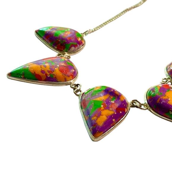Colorful Mosaic Gemstones in a Silver Overlay Necklace - Picture 5 of 7